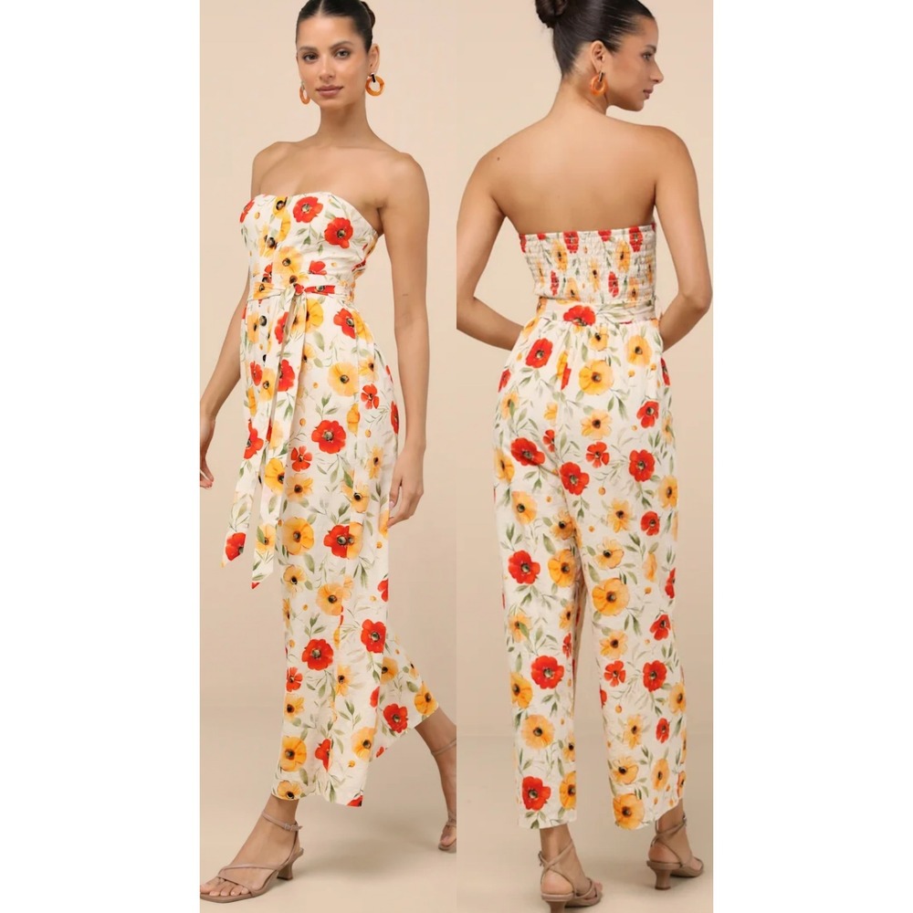Lulus Floral Wide Leg Yellow‎ Jumpsuit Strapless Button Front | Plus Size XXL